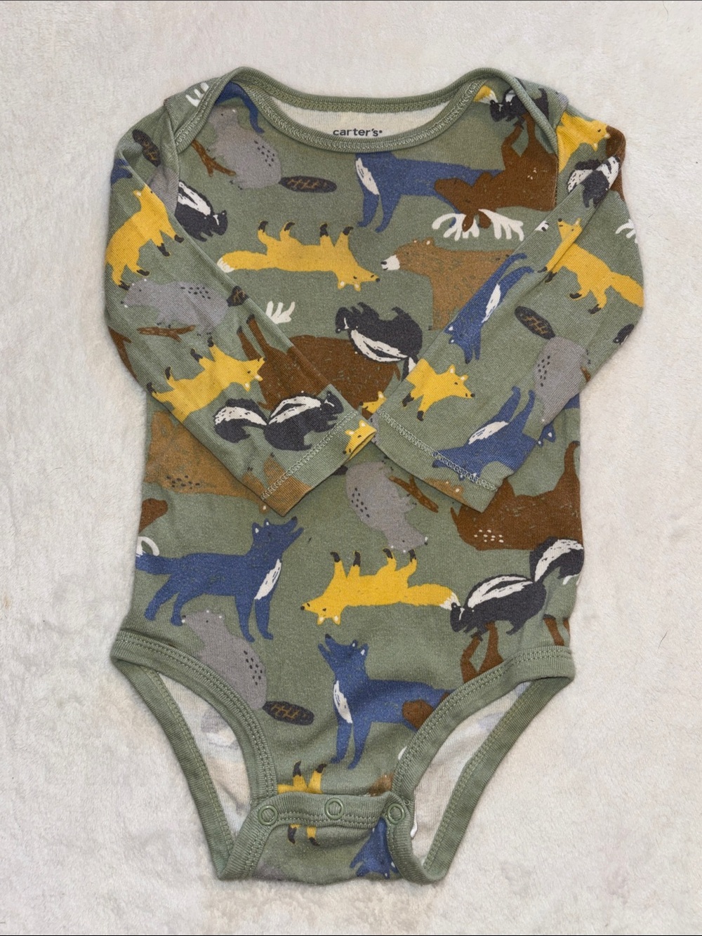 (3 for $10) Carter's Olive Green Woodland Animal Long-Sleeve One-Piece 18 month